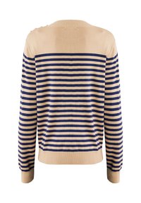 Pull rayé beige et marine à manches longues. Il dispose de poignets et d'un ourlet côtelés, d'un détail de bouton sur l'épaule, en matériau tricoté.
