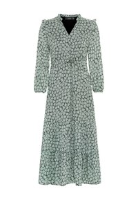 Zelené květinové midi šaty mají dlouhé rukávy, výstřih do V, volánkové detaily na ramenech a vrstvenou sukni s jemným vzorem listů.
