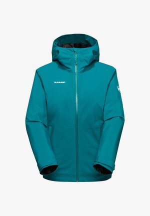 Teal vandtæt jakke med hætte, frontlynlås, elastiske manchetter, logo på brystet og en glat, mat finish.
