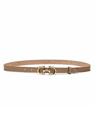 Light brown leather belt with gold-tone double clasp buckle and adjustable holes on a white background.