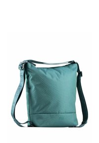 Borsa a tracolla turchese in tessuto testurizzato. Presenta una tracolla regolabile e una chiusura con zip sulla parte superiore, con una forma morbida e rilassata.
