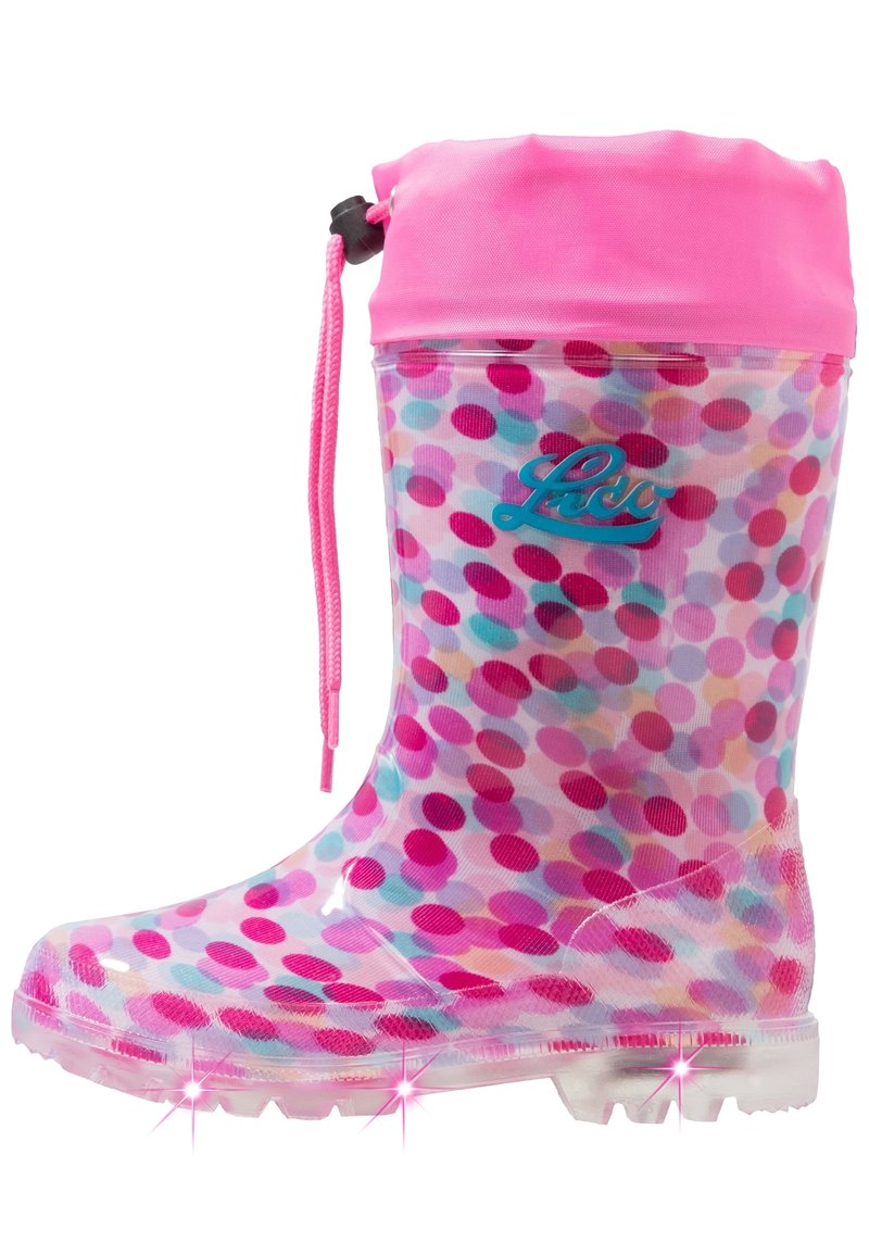 Botte de pluie transparente avec des accents roses, décorée de pois multicolores. Dotée d'un sommet à cordon de serrage et d'une semelle texturée pour une bonne adhérence.