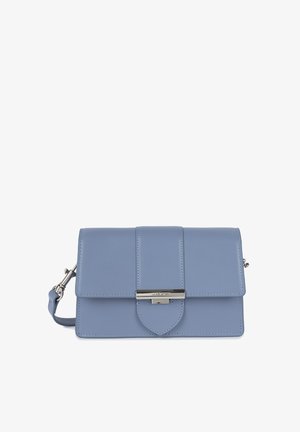 Light blue leather handbag with a flap design, silver hardware, and a front clasp. Features a detachable shoulder strap and a smooth texture.