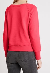 Sudadera rosa con cuello redondo, puños y dobladillo acanalados, que presenta un corte relajado y una textura suave. Combinada con jeans gris oscuro.