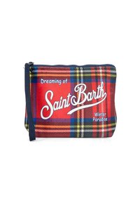 Pouch con zip a quadri rossi che presenta il testo "Dreaming of Saint Barth" e "Winter Paradise" in bianco. Realizzato in tessuto con una finitura testurizzata.