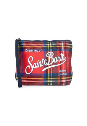 Pouch con zip a quadri rossi che presenta il testo "Dreaming of Saint Barth" e "Winter Paradise" in bianco. Realizzato in tessuto con una finitura testurizzata.
