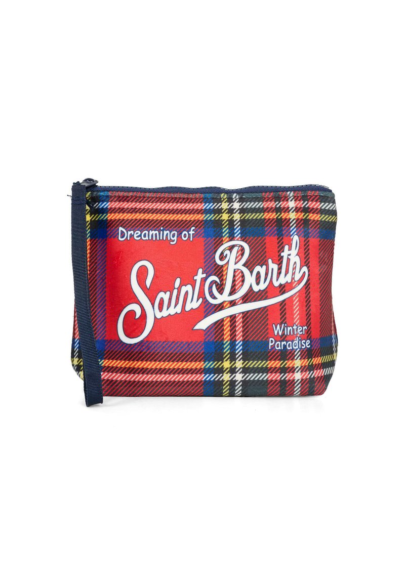 Pouch con zip a quadri rossi che presenta il testo "Dreaming of Saint Barth" e "Winter Paradise" in bianco. Realizzato in tessuto con una finitura testurizzata.