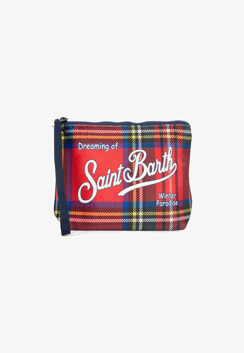 Pouch con zip a quadri rossi che presenta il testo "Dreaming of Saint Barth" e "Winter Paradise" in bianco. Realizzato in tessuto con una finitura testurizzata.