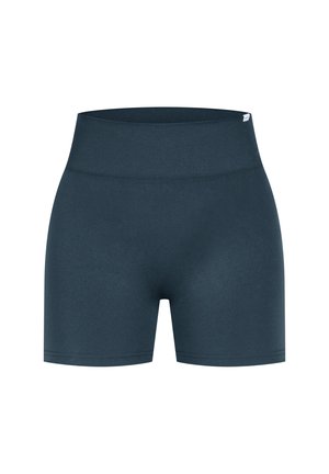 Diepblauwe sportshorts met een brede, geribbelde tailleband. Glad, rekbaar materiaal met een aansluitend ontwerp en zonder zichtbare merk- of patroonindelingen.