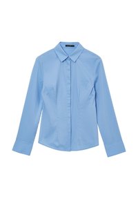 Light blue long-sleeve shirt with a traditional collar, front button closure, and two chest pockets. Smooth cotton fabric, tailored fit.