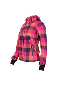 Giacca a quadri rosa e blu navy realizzata in materiale impermeabile; dotata di cappuccio, tasche con zip e polsini elasticizzati.