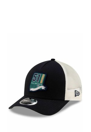 Black and cream cap with a structured design, featuring a front patch reading "51 HALL OF FAME 2025 ICHIRO SUZUKI" and a curved visor.