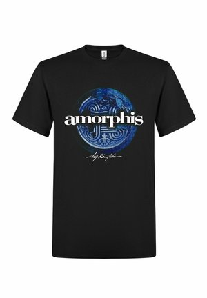 Musta puuvillapaita, jossa on pyöreä sininen graafinen kuvio, jossa on monimutkaisia kuvioita ja sana "amorphis" lihavoidulla valkoisella tekstillä.