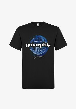 Camiseta de algodón negra con un diseño gráfico circular azul que presenta patrones intrincados y la palabra "amorphis" en letras blancas en negrita.