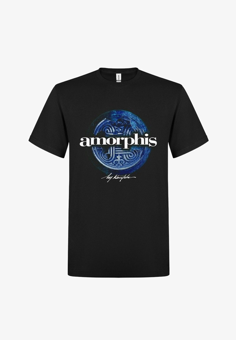 Černé bavlněné tričko s kulatým modrým grafickým designem s jemnými vzory a slovem "amorphis" tučným bílým písmem.