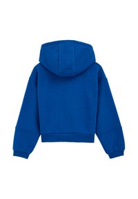 Skrajšana modra kapuca iz mehke tkanine, ki ima prostorno kapuco in sproščen kroj. Spretne manšete in rob, brez vidnih zakovic.