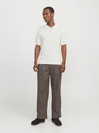 Bărbat în picioare, purtând un tricou polo alb cu mâneci scurte, pantaloni largi plisati de culoare maro și pantofi negri din piele întoarsă, pe un fundal alb simplu.