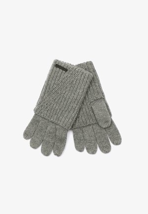 Szare, dziane rękawiczki o ribbowanej strukturze, z prostokątnym otworem na nadgarstku i małą metką marki z boku.