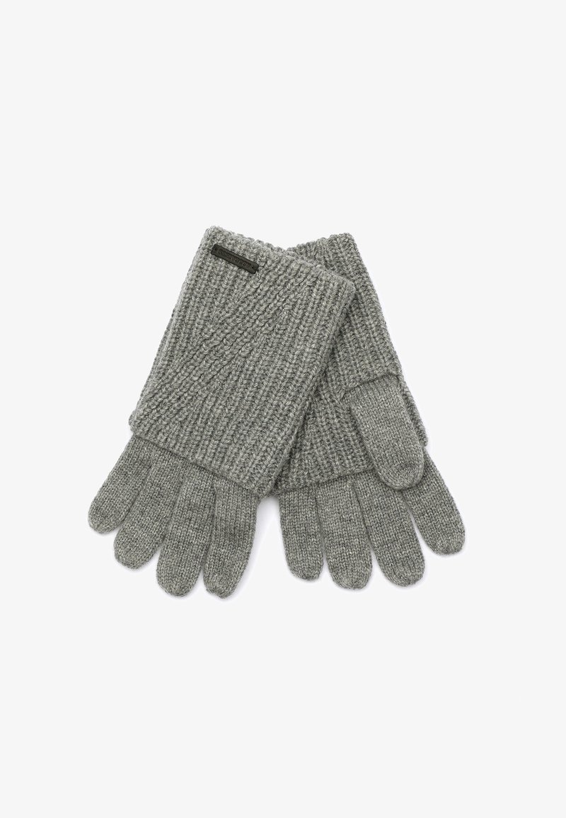 Graue gestrickte Handschuhe mit gerippter Textur, die eine rechteckige Öffnung am Handgelenk und ein kleines Markenetikett an einer Seite besitzen.