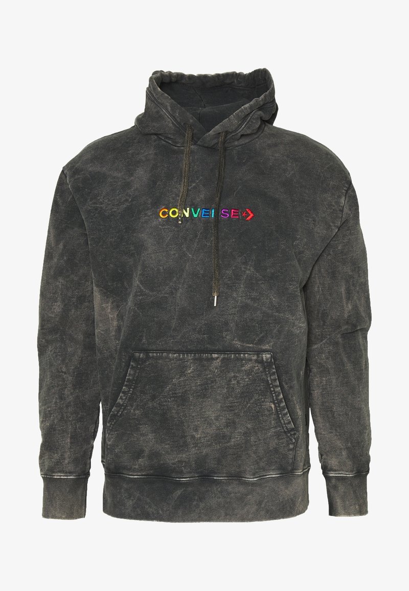 Sweat à capuche noir de style vintage en tissu doux. Comprend une poche avant, une capuche avec cordon de serrage, et un logo "CONVERSE" brodé multicolore.