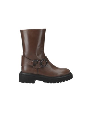 Brown leather ankle boot with a rounded toe, mid-calf height, a strap and circular buckle detail, and a thick black rubber sole.
