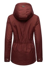 Maroon hooded jacket featuring a cinched waist, long sleeves with snap-button cuffs, and a textured fabric. Back design includes a logo patch.