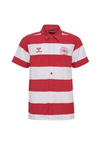 Camicia a maniche corte a righe rosse e bianche, con logo ricamato e colletto. Tessuto liscio con dettagli dei bottoni in contrasto.