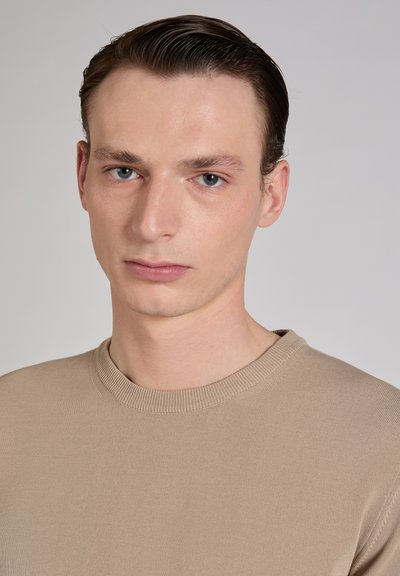 Jersey beige de punto con cuello redondo; textura suave, material ligero, con un diseño entallado. La modelo tiene piel clara y cabello corto.