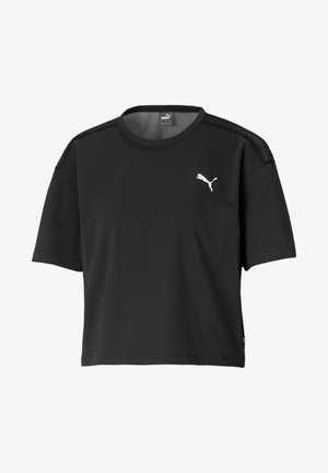 Czarna koszulka Puma z krótkim rękawem, okrągłym dekoltem i białym logo Puma na lewej piersi.