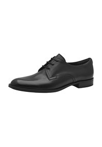 Zapato de vestir de cuero negro con un acabado suave, punta redondeada, cordones en la parte frontal y un tacón bajo. Presenta sutiles detalles de costura.