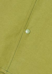 Green fabric with a smooth texture, featuring a small, shiny button in a similar shade, stitched seams visible, minimal pattern.