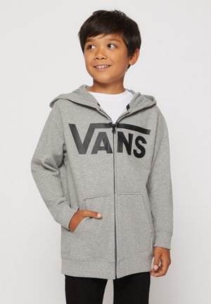 Szara bluza z zamkiem, wykonana z miękkiego materiału, z dużym czarnym logo "VANS" z przodu oraz bocznymi kieszeniami. Projekt z kapturem i ściągaczami przy mankietach.