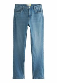Světle modré slim-fit džíny s pěti kapsami, zapínáním na zip a knoflík. Hladká denimová textura s jemným vyblednutím a bez viditelných vzorů.