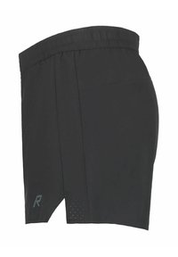 Czarne krótkie spodenki sportowe z elastycznym pasem, perforowanym bocznym panelem oraz małym odblaskowym logo w pobliżu dołu.