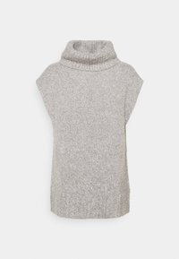Pull à col roulé sans manches, de couleur gris clair, avec une texture en mailles épaisses. Il présente un col replié et une coupe décontractée.