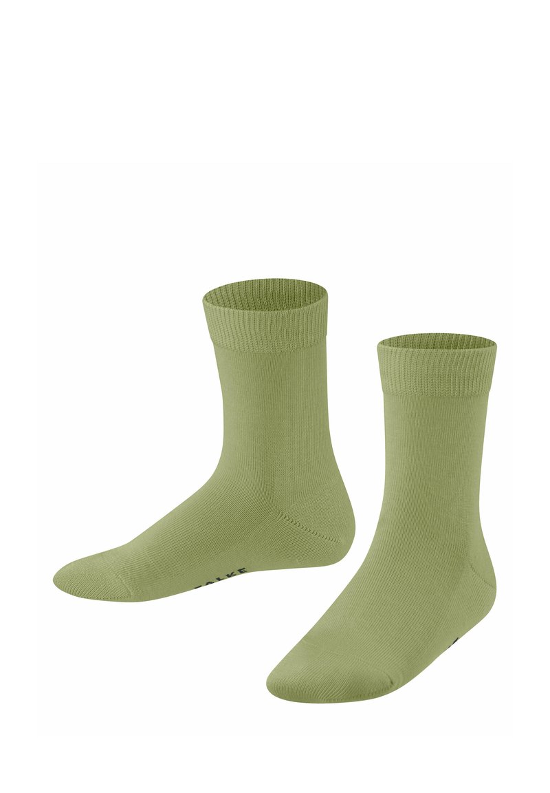 Calzini alla caviglia di un verde chiaro, esposti uno accanto all'altro, con polsini a costine e una superficie liscia, poggiati su uno sfondo bianco.