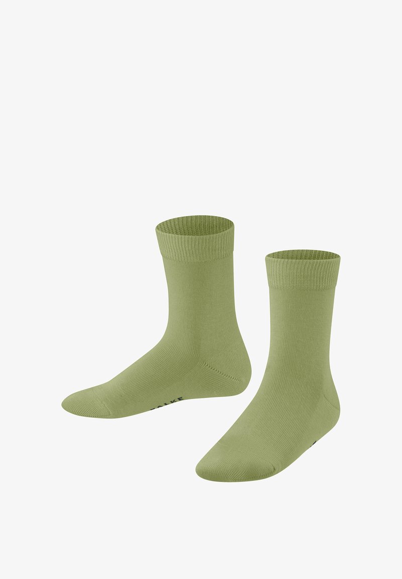 Calzini alla caviglia di un verde chiaro, esposti uno accanto all'altro, con polsini a costine e una superficie liscia, poggiati su uno sfondo bianco.