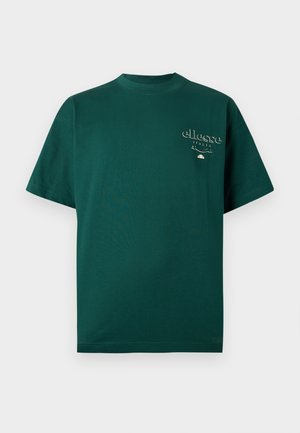 Sötétzöld, rövid ujjú, kerek nyakú póló, bal mellrészen kis fehér „ellesse Italia” logóval és dizájnnal.