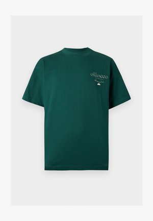 Sötétzöld, rövid ujjú, kerek nyakú póló, bal mellrészen kis fehér „ellesse Italia” logóval és dizájnnal.