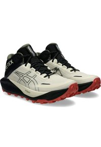 Buty do biegania trailowego w kolorze białym i czarnym z czerwonym podbiciem, z teksturowaną cholewką, sznurowanym zapięciem oraz wodoodpornym materiałem Gore-Tex.