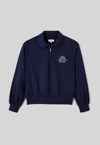 Sweat-shirt à col zippé bleu marine, avec des poignets élastiques et un ourlet côtelé. Présente un texte brodé et un motif rayé.