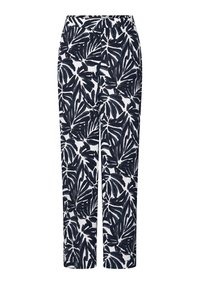 White pants with a navy tropical leaf print, featuring an elastic waistband and straight-leg design. Lightweight, smooth fabric texture.