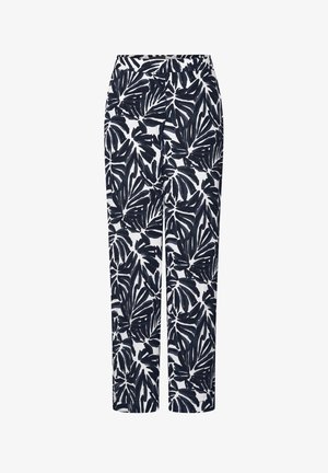 Pantalones blancos con un estampado tropical de hojas en azul marino, que presentan una cintura elástica y un diseño de pierna recta. Tejido ligero y de textura suave.