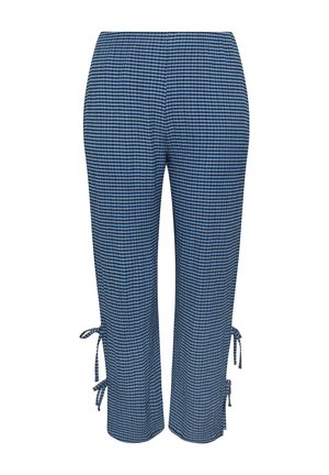 Blå og sorte ternede bukser med elastisk talje og bindebånd ved siden af kanten på begge ben, i kort længde.
