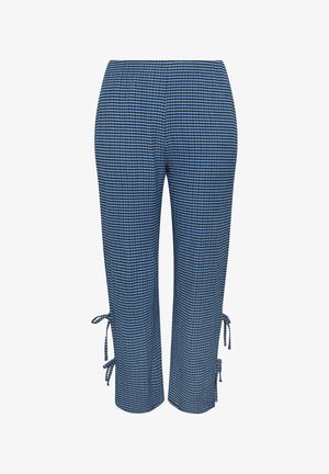 Pantalones a cuadros azules y negros con cintura elástica y lazos laterales cerca del dobladillo en ambas piernas, de longitud recortada.