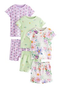 Cuatro conjuntos de pijamas para niños, dos camisetas de manga corta en morado y verde, dos pantalones cortos a juego, todos con patrones florales en colores vibrantes.