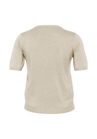 Short-sleeve, beige knit top with a crew neckline. Smooth texture, relaxed fit, and ribbed hem at the bottom and sleeves. Back view.