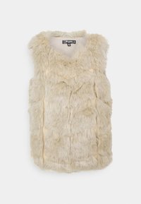 Gilet en fausse fourrure beige clair, présentant un col en V, une surface texturée et sans manches, avec un aspect doux et duveteux.