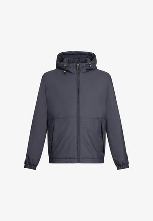 Námornícky modrá mikina s kapucňou so zipsovým uzáverom, elastickými manžetami a dvoma bočnými vreckami. Hladký povrch a minimálne švy, vhodná na bežné nosenie.