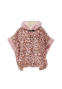 Růžový fleecový pončo s leopardím potiskem, s huňatým límcem a manžetami; má přední zapínání na černý knoflík. Měkká textura, oversized střih.